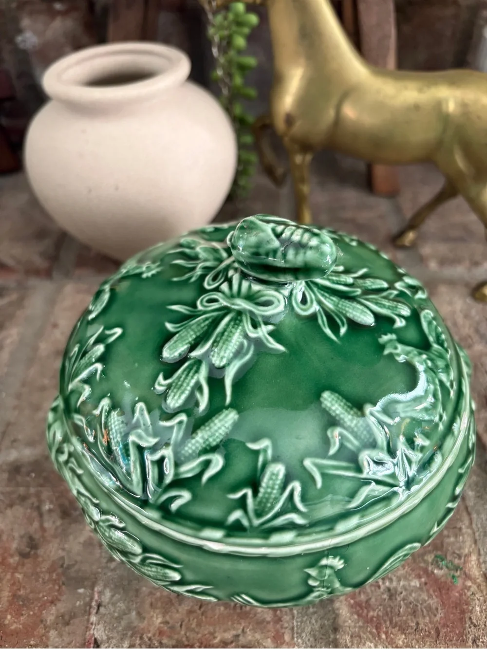 Vintage Sur La Table rooster and corn dish with lid, Portugal